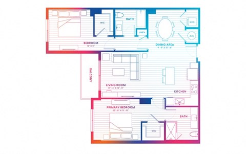 Floor plan for 2 beds, 2 baths, 1149 sqft